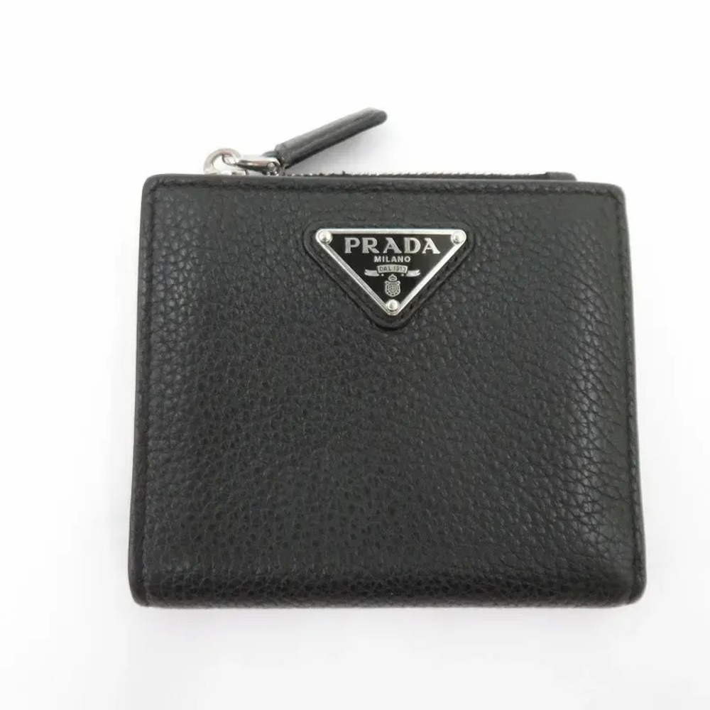 Prada Vitello Daino Triangle Compact Wallet Bifold Black